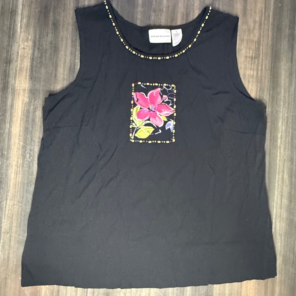 Alfred Dunner Black Floral Embellished Sleeveless‎ Top Size 16